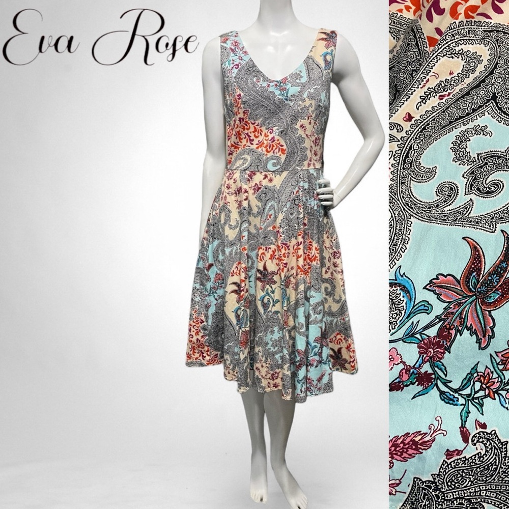 Eva Rose Fit & Flare Shift Dress Paisley Floral Sleeveless V-Neck Pockets Medium